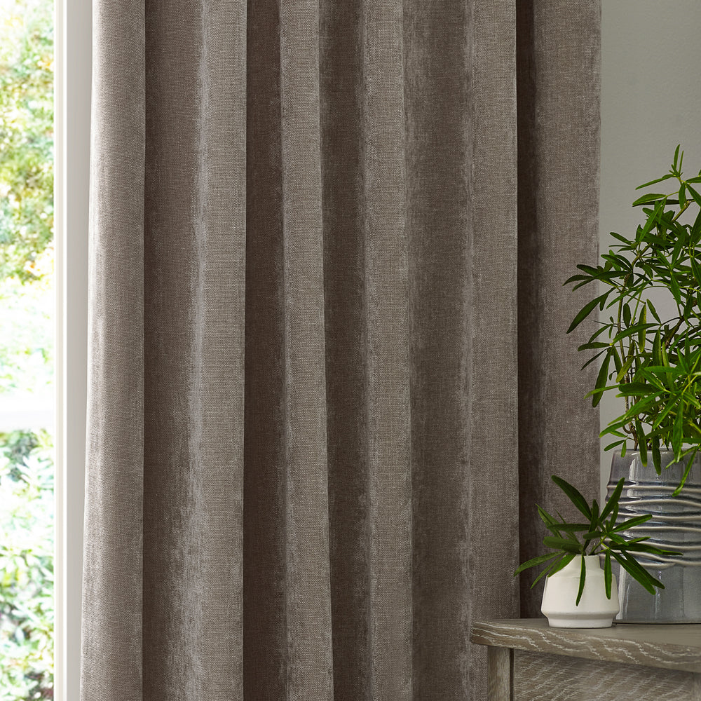 Heavy Chenille Fully Lined Velvet Eyelet Curtains Greige