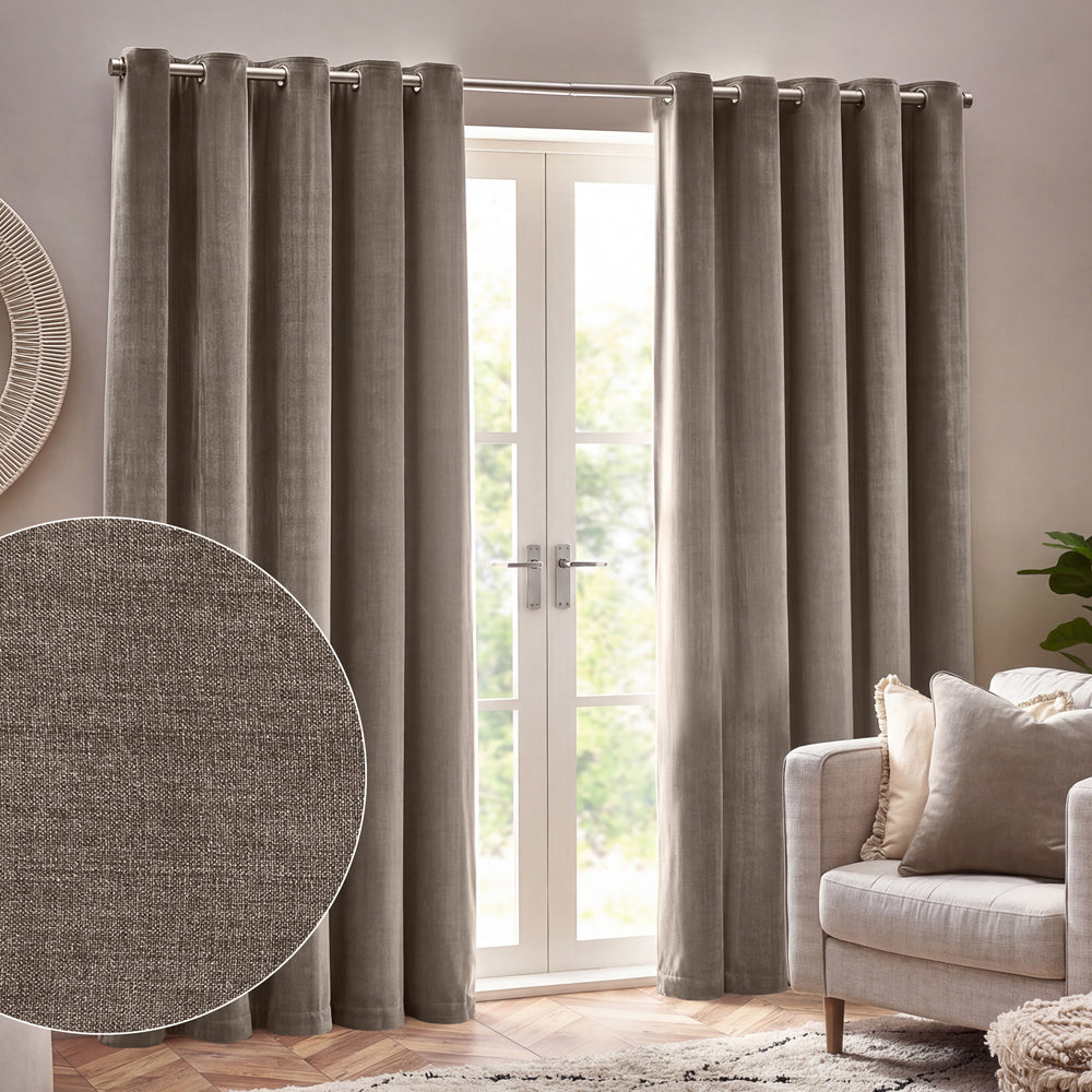 Heavy Chenille Fully Lined Velvet Eyelet Curtains Greige