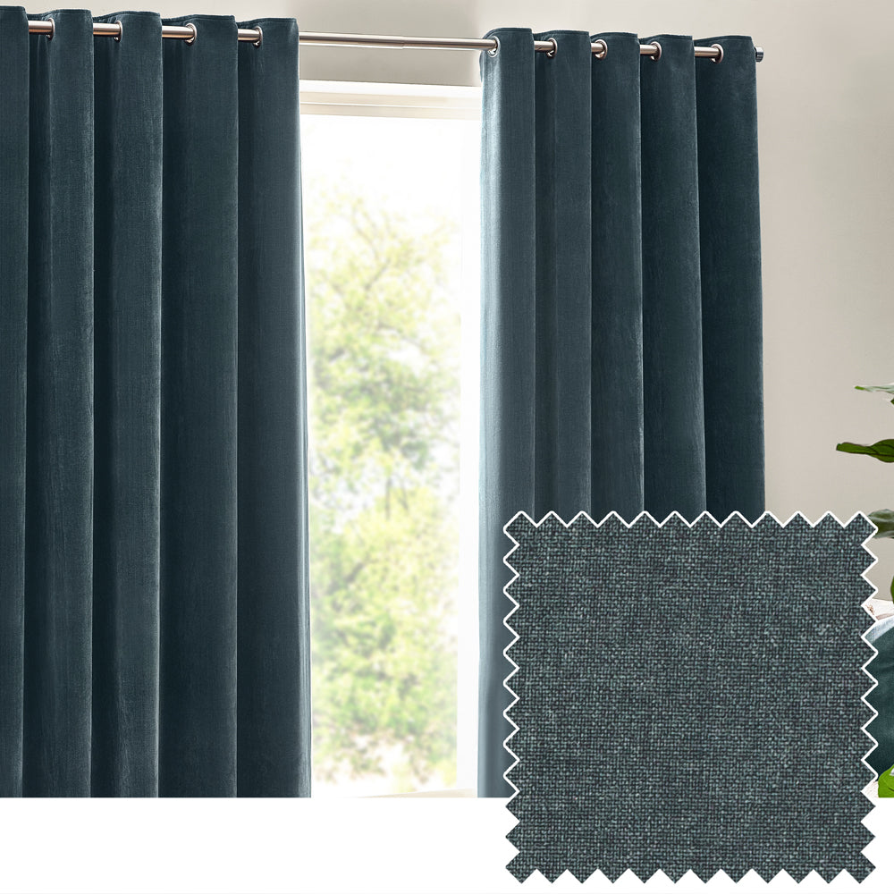 Heavy Chenille Fully Lined Velvet Eyelet Curtains Marine