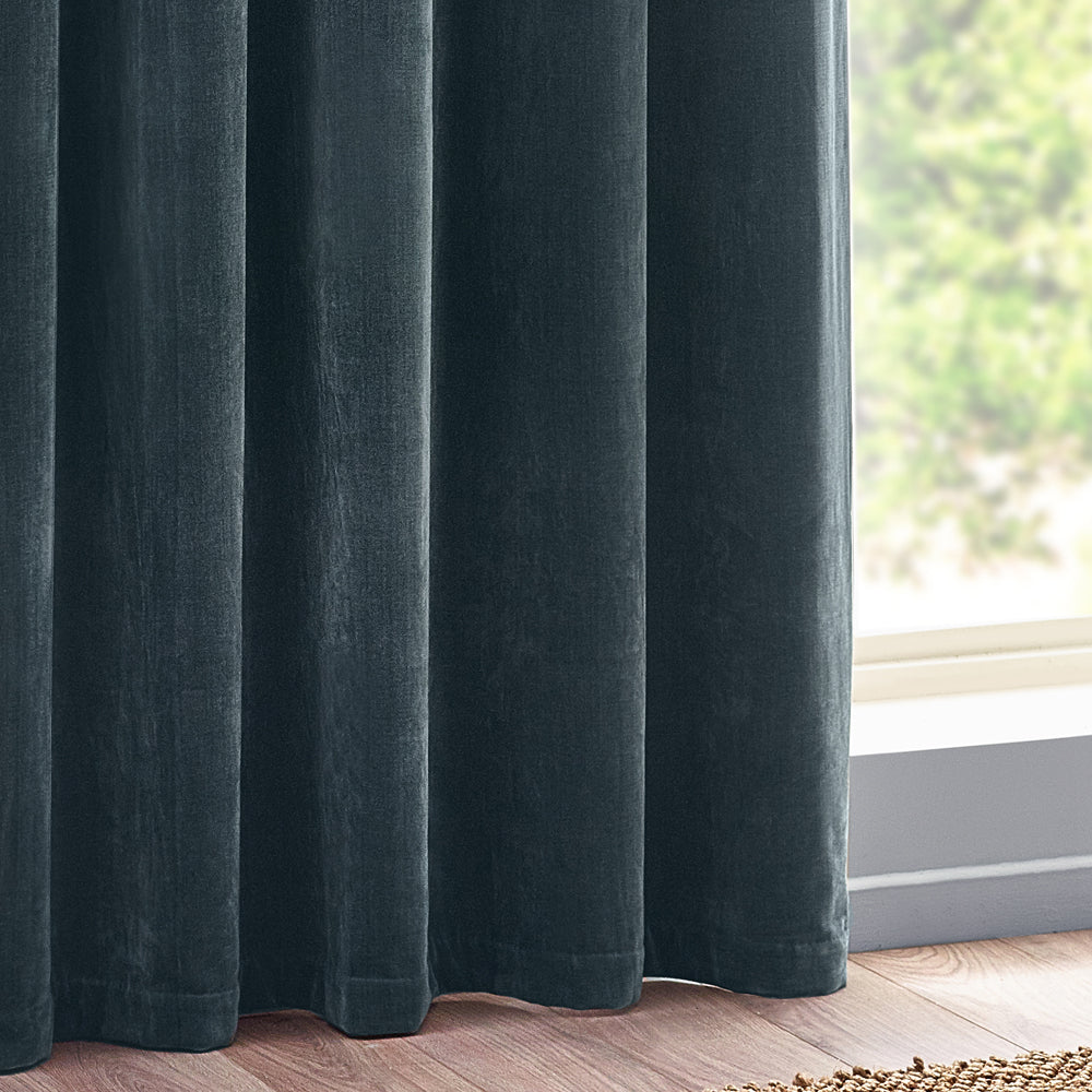 Heavy Chenille Fully Lined Velvet Eyelet Curtains Marine