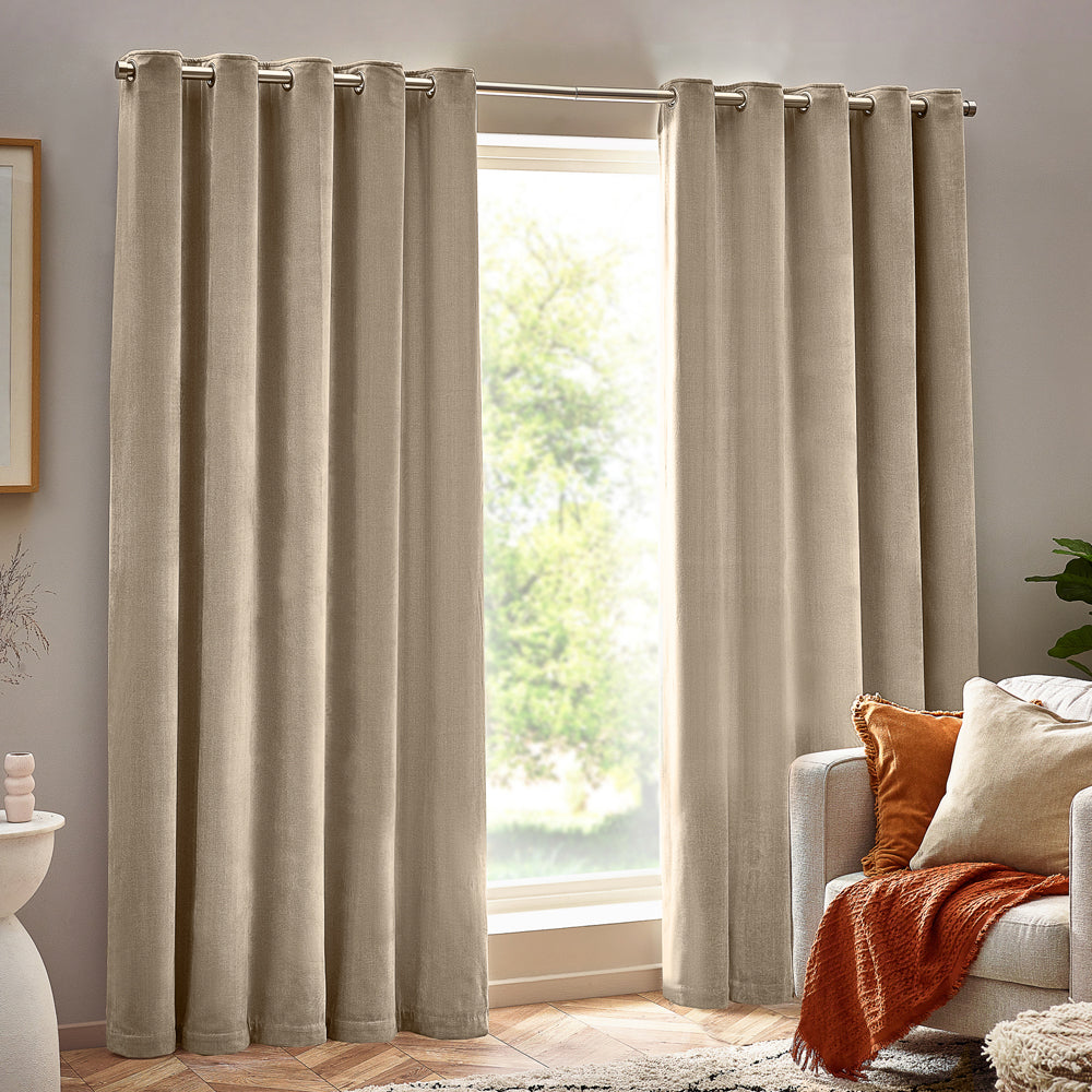 Heavy Chenille Fully Lined Velvet Eyelet Curtains Natural