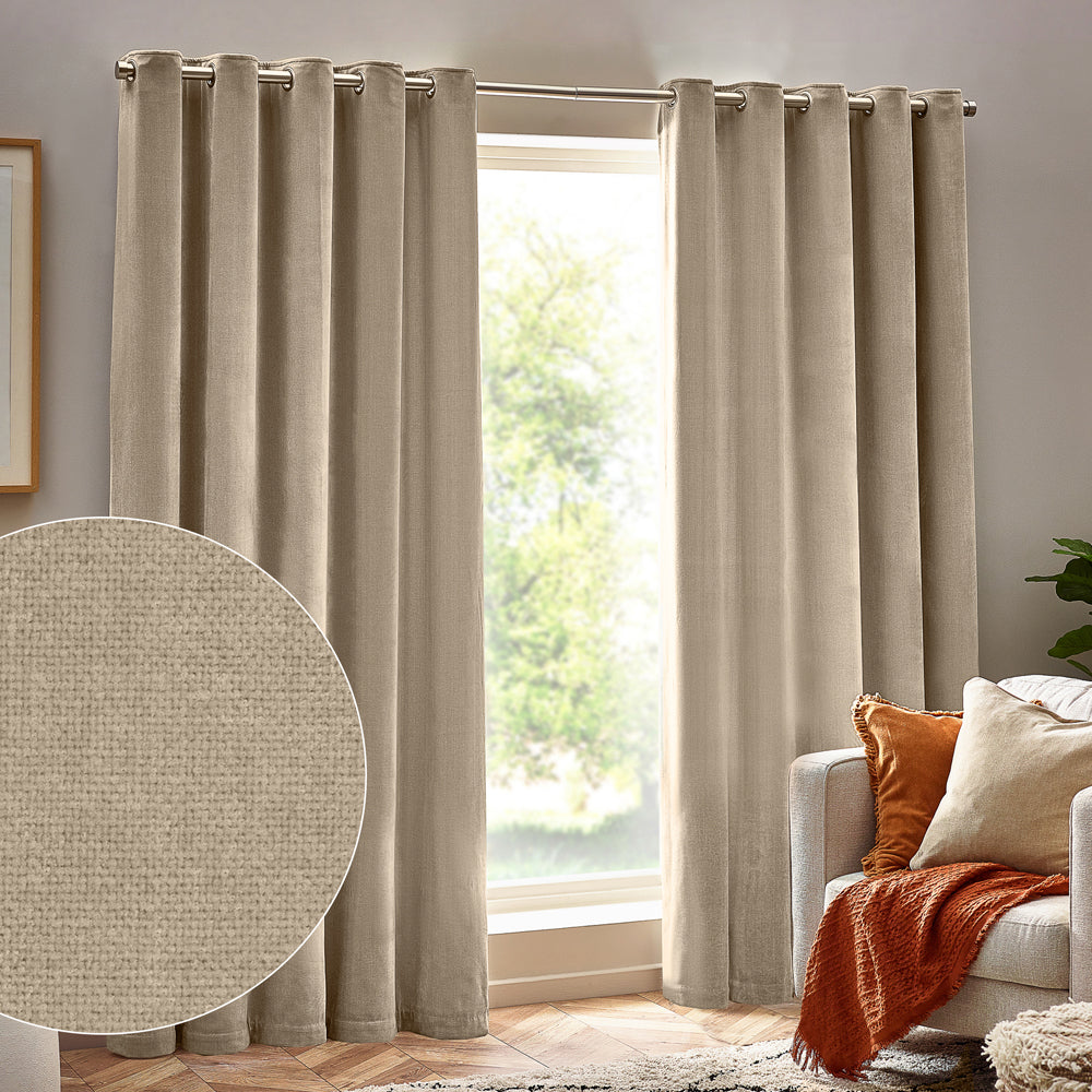 Heavy Chenille Fully Lined Velvet Eyelet Curtains Natural