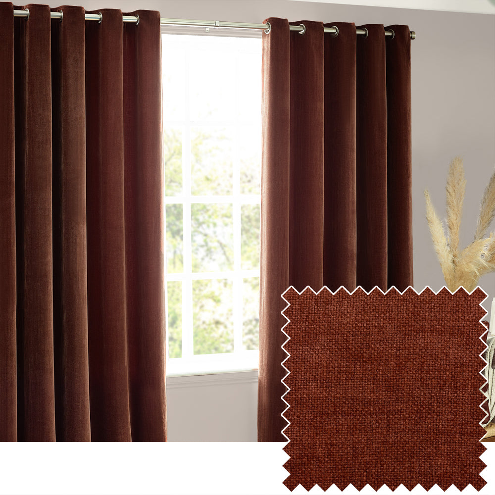 Heavy Chenille Fully Lined Velvet Eyelet Curtains Nutmeg
