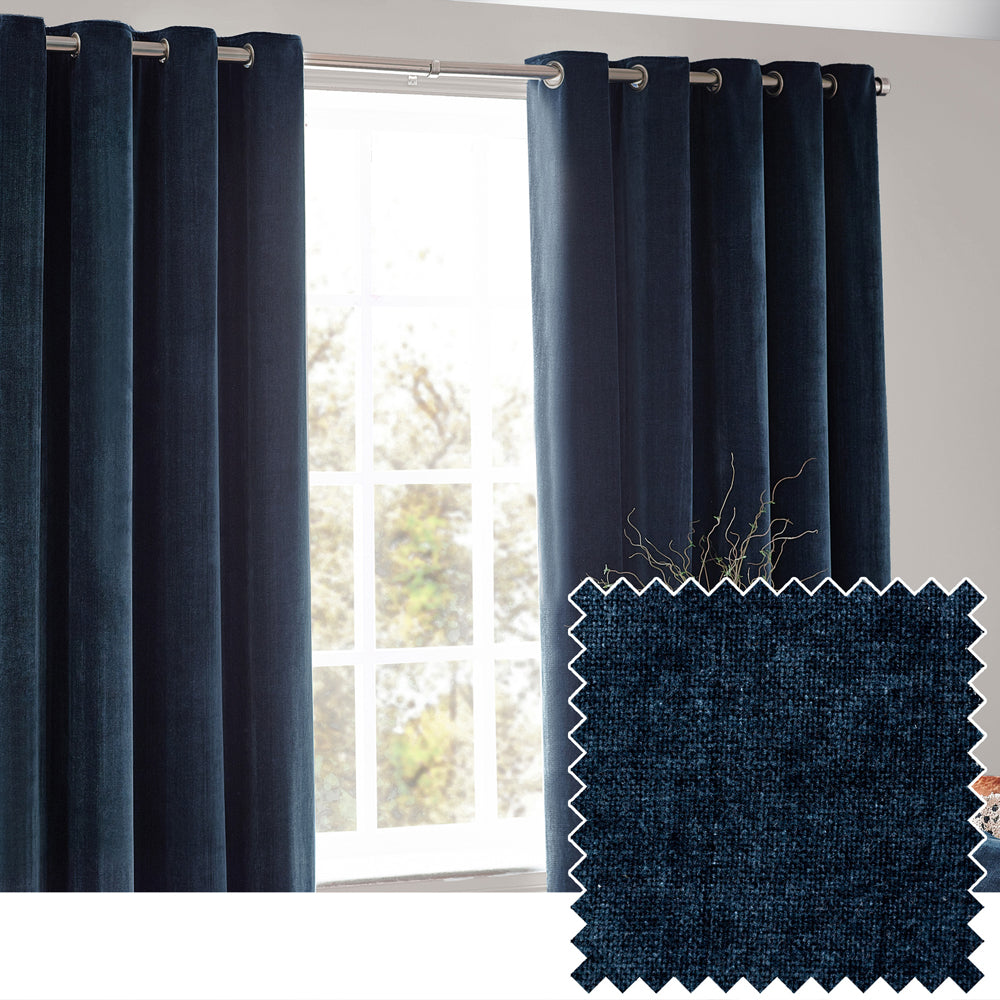 Heavy Chenille Fully Lined Velvet Eyelet Curtains Navy