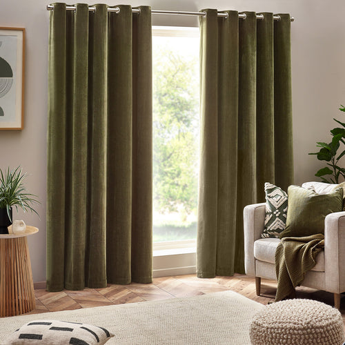 Plain Green Curtains - Heavy Chenille Room Darkening Eyelet Curtains Olive Yard