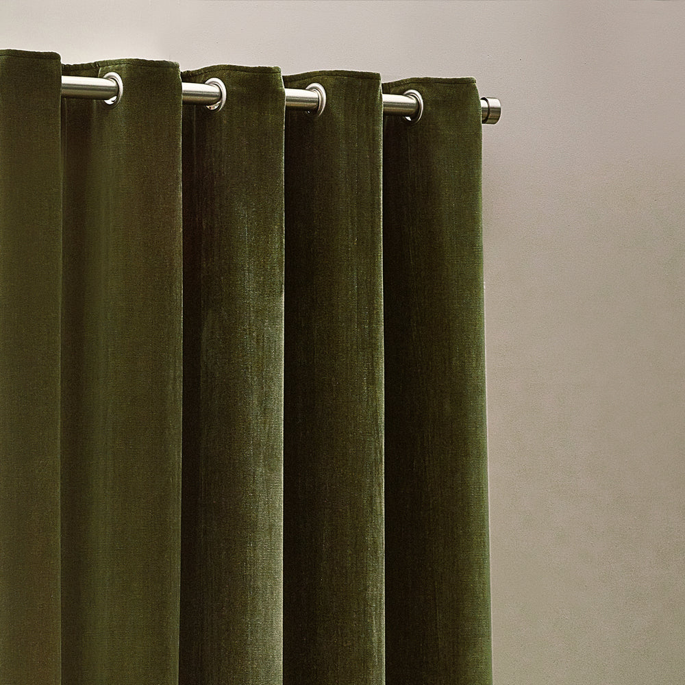 Heavy Chenille Fully Lined Velvet Eyelet Curtains Olive