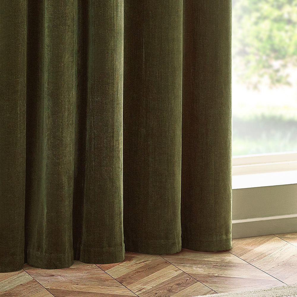 Heavy Chenille Fully Lined Velvet Eyelet Curtains Olive
