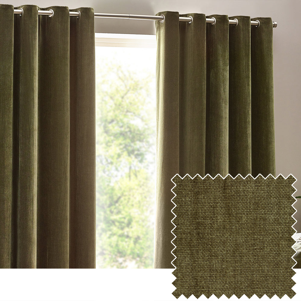 Heavy Chenille Fully Lined Velvet Eyelet Curtains Olive