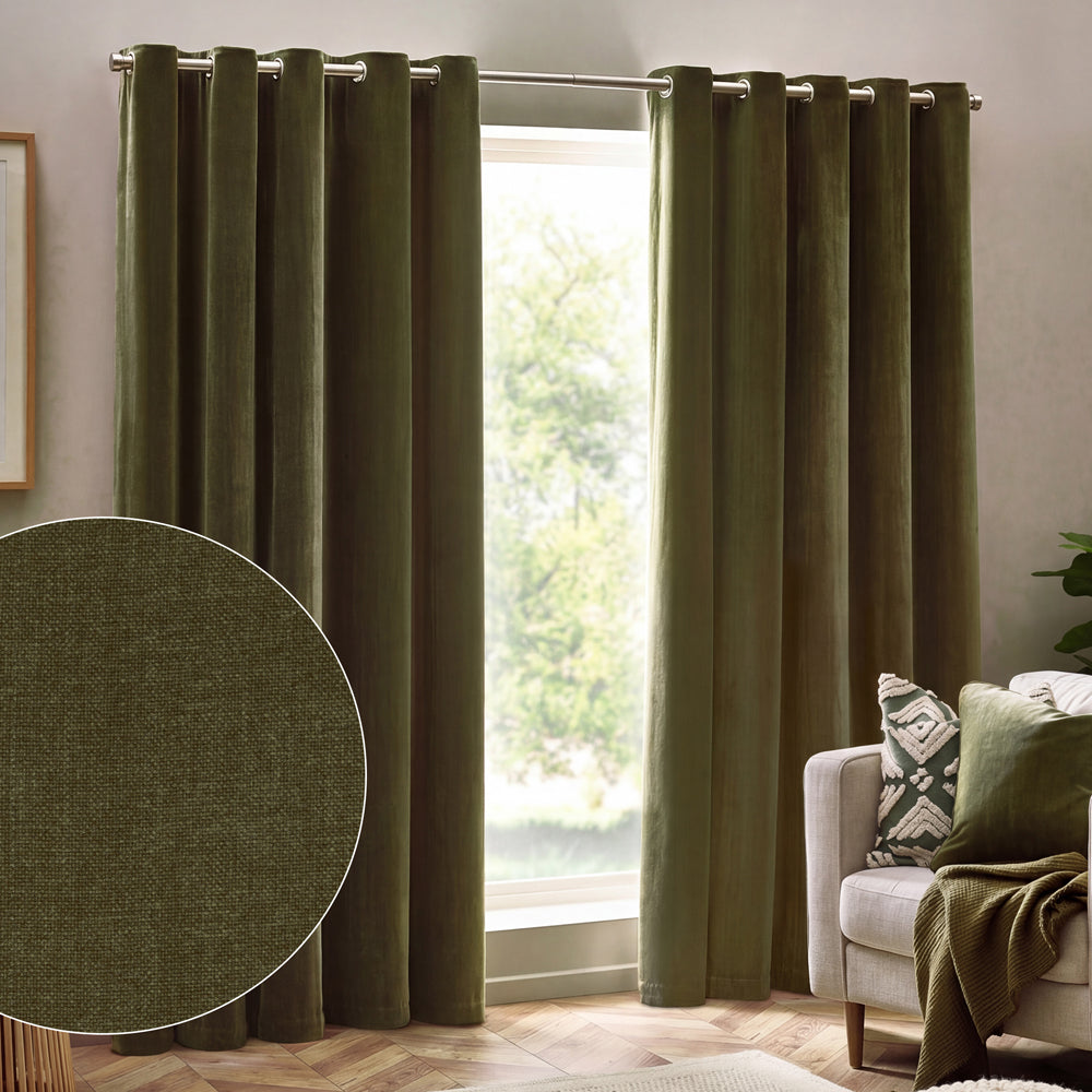 Heavy Chenille Fully Lined Velvet Eyelet Curtains Olive