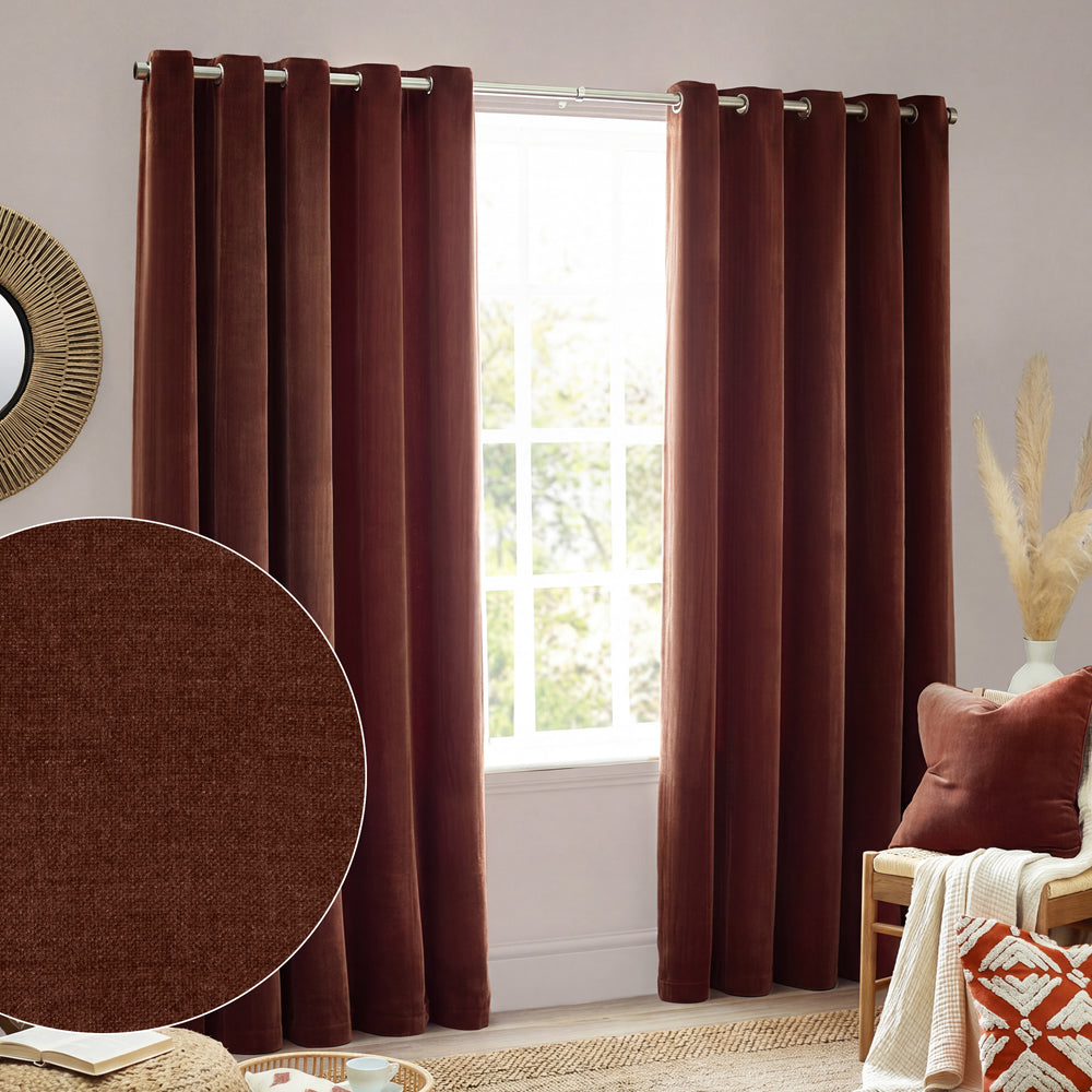 Heavy Chenille Fully Lined Velvet Eyelet Curtains Nutmeg