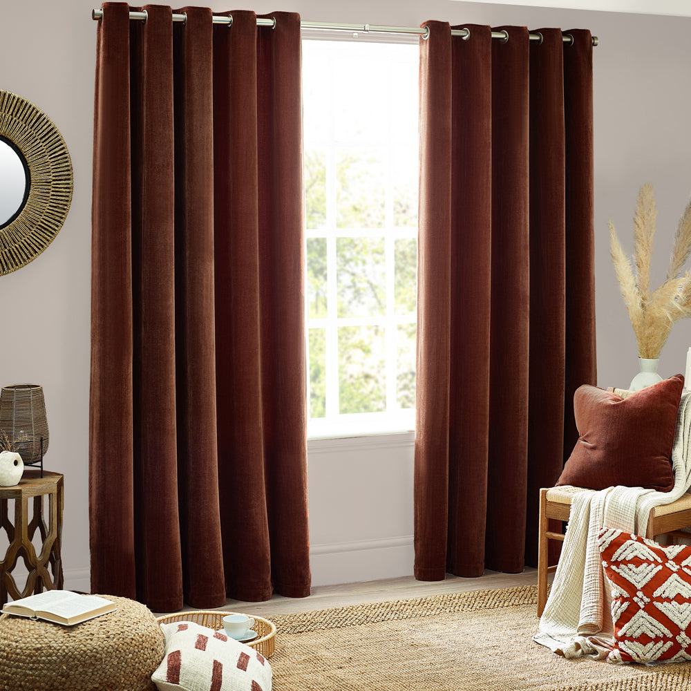 Heavy Chenille Fully Lined Velvet Eyelet Curtains Nutmeg