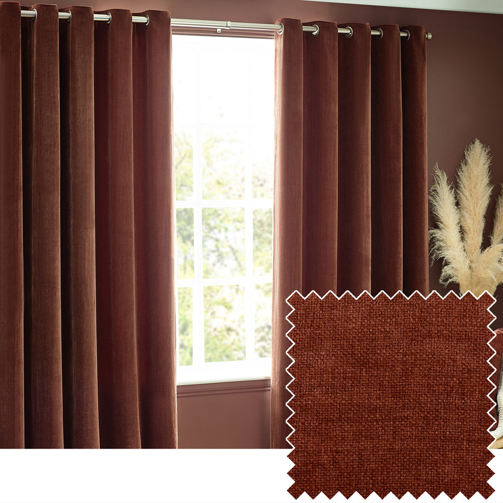Heavy Chenille Fully Lined Velvet Eyelet Curtains Nutmeg
