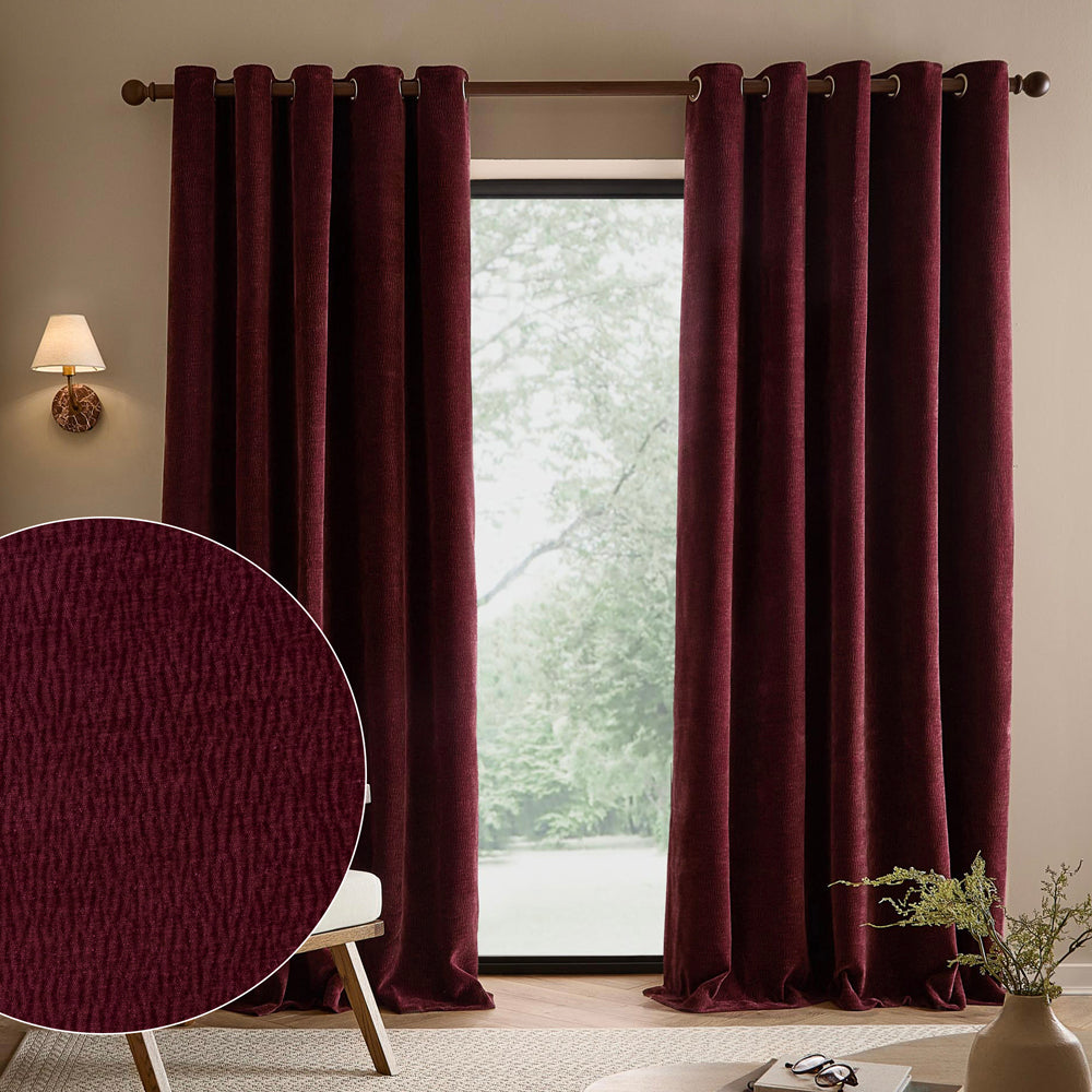 Heath Washed Velvet Fully Lined Eyelet Curtains Beetroot