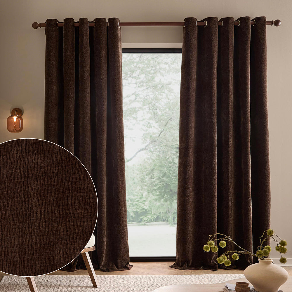 Heath Washed Velvet Fully Lined Eyelet Curtains Espresso Brown