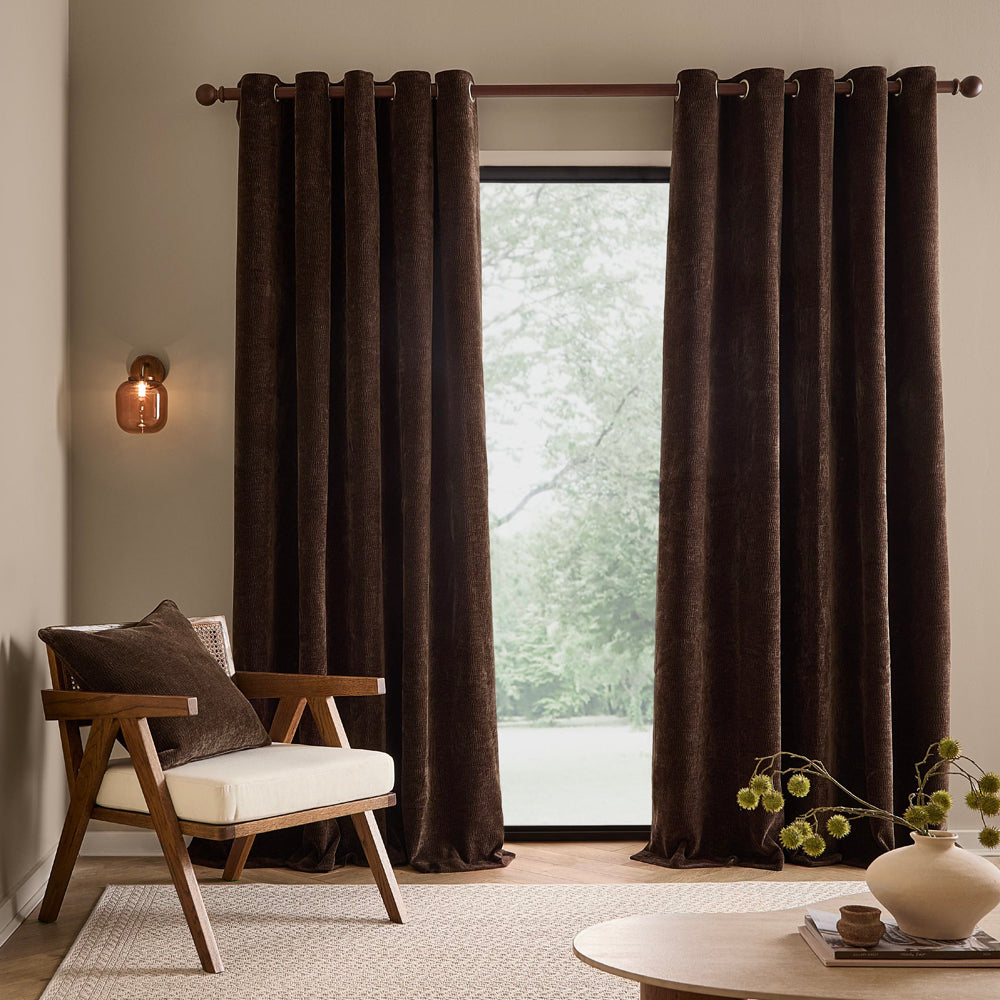 Heath Washed Velvet Fully Lined Eyelet Curtains Espresso Brown