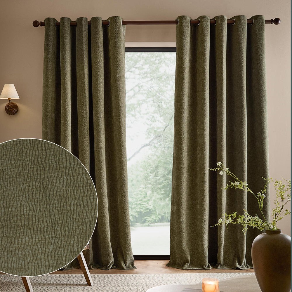 Heath Washed Velvet Fully Lined Eyelet Curtains Eucalyptus