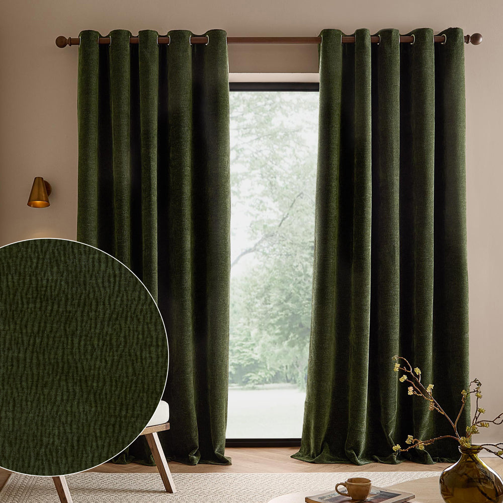 Heath Washed Velvet Fully Lined Eyelet Curtains Olive