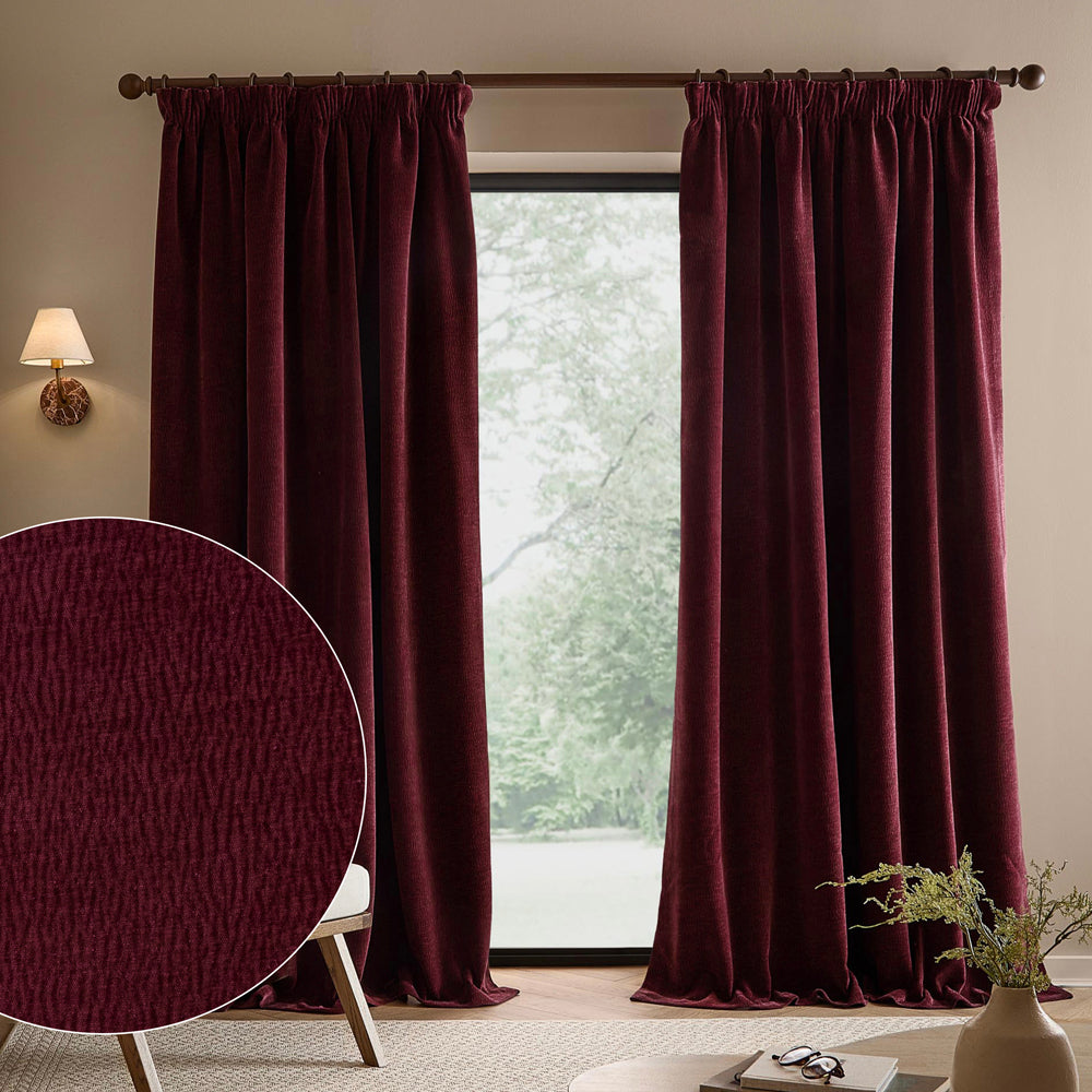 Plain Red Curtains - Heath Washed Velvet Fully Lined Pencil Pleat Curtains Beetroot Yard