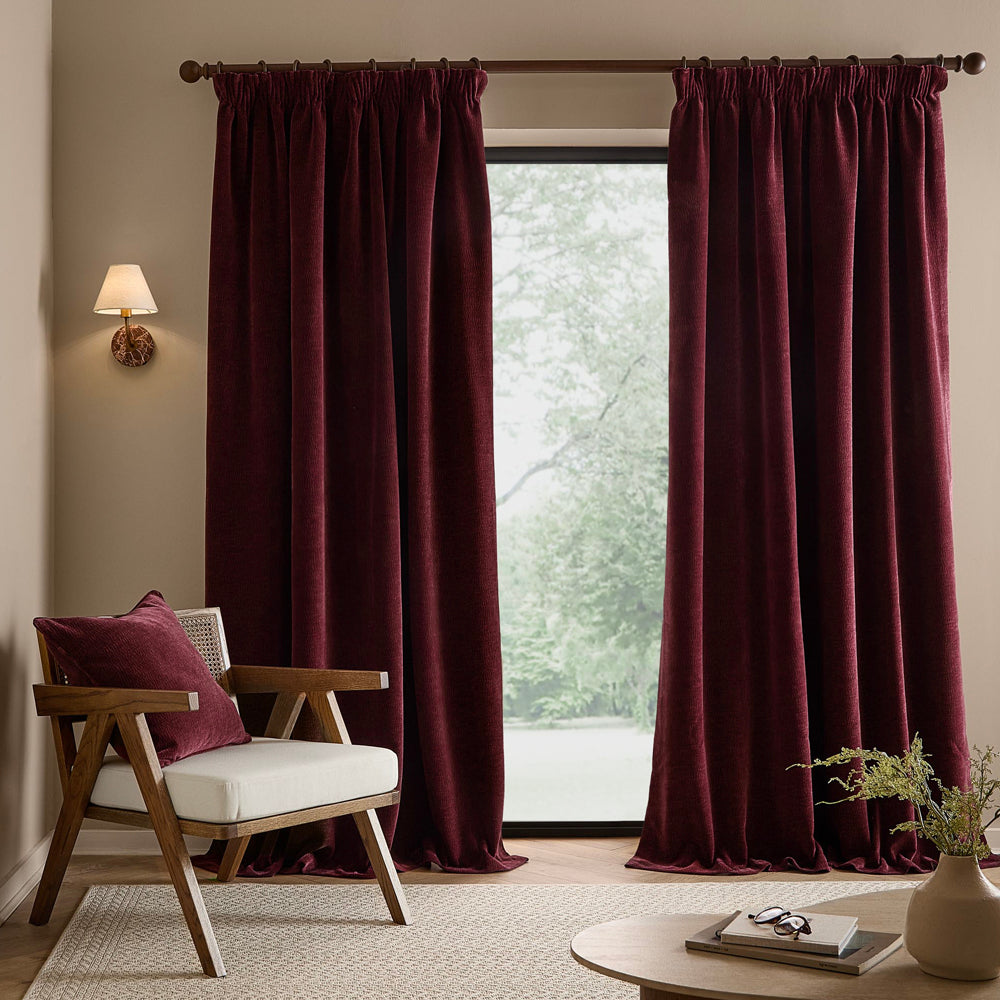 Heath Washed Velvet Fully Lined Pencil Pleat Curtains Beetroot