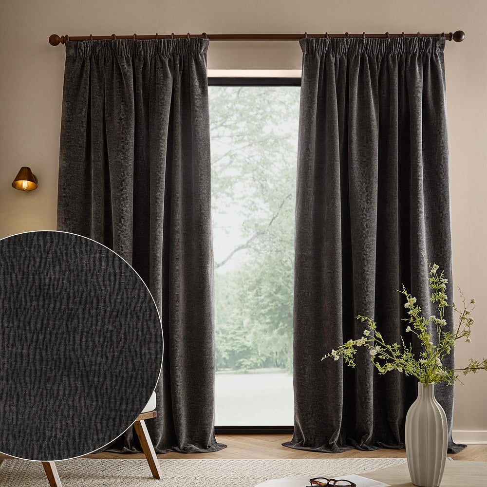 Plain Grey Curtains - Heath Washed Velvet Fully Lined Pencil Pleat Curtains Charcoal Yard