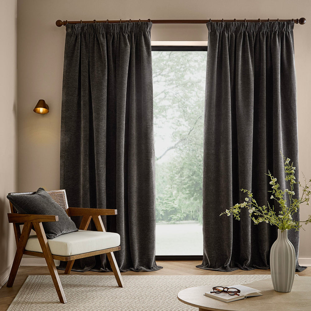 Heath Washed Velvet Fully Lined Pencil Pleat Curtains Charcoal