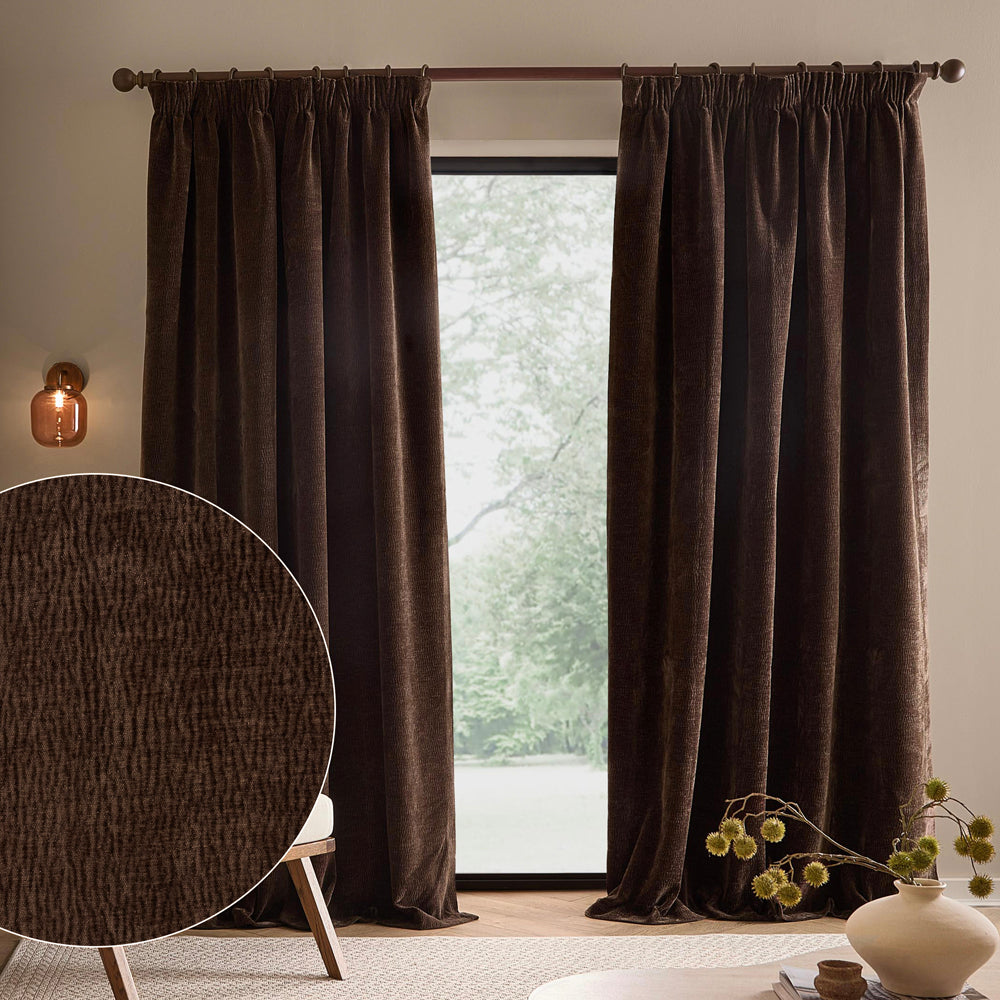 Heath Washed Velvet Fully Lined Pencil Pleat Curtains Espresso Brown