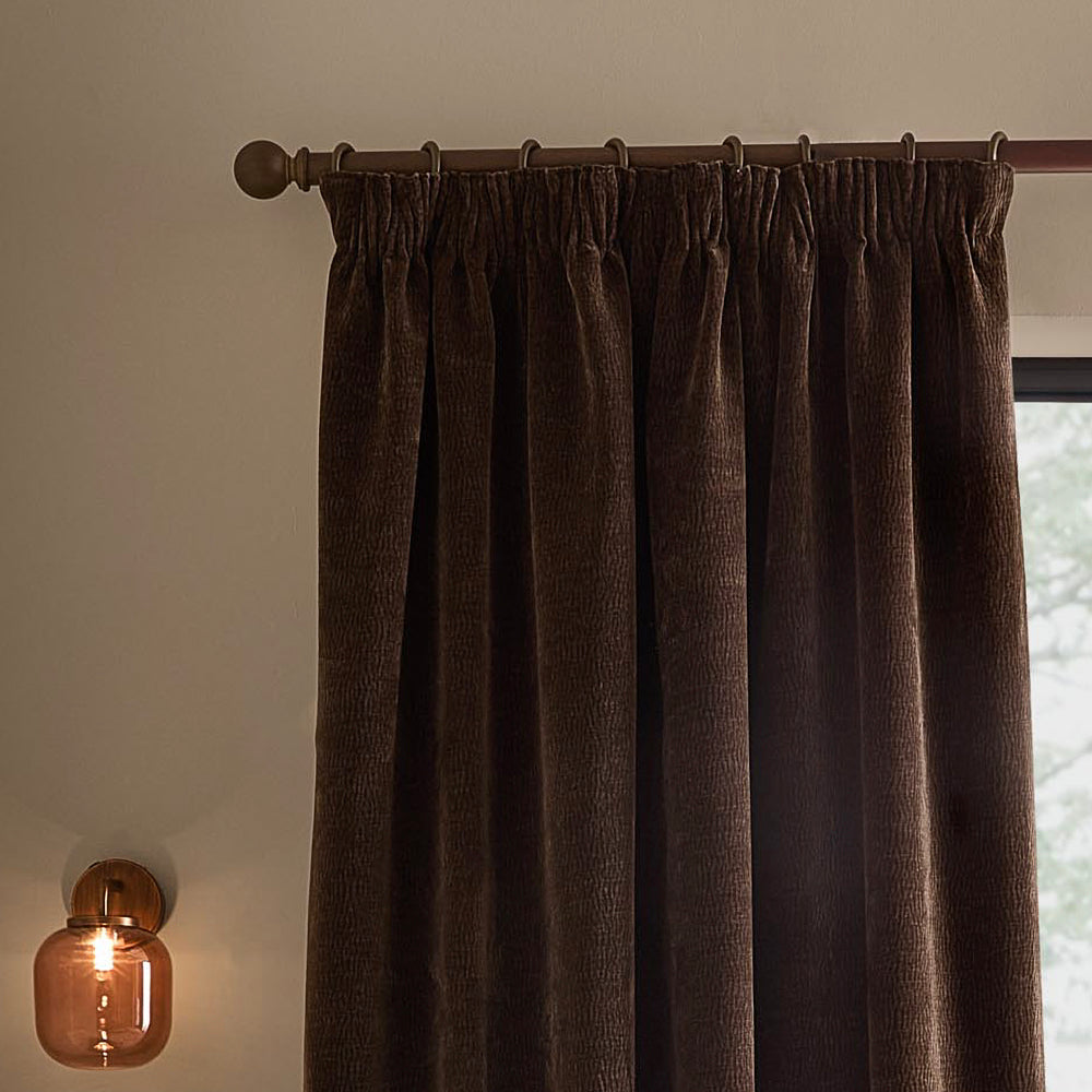 Heath Washed Velvet Fully Lined Pencil Pleat Curtains Espresso Brown