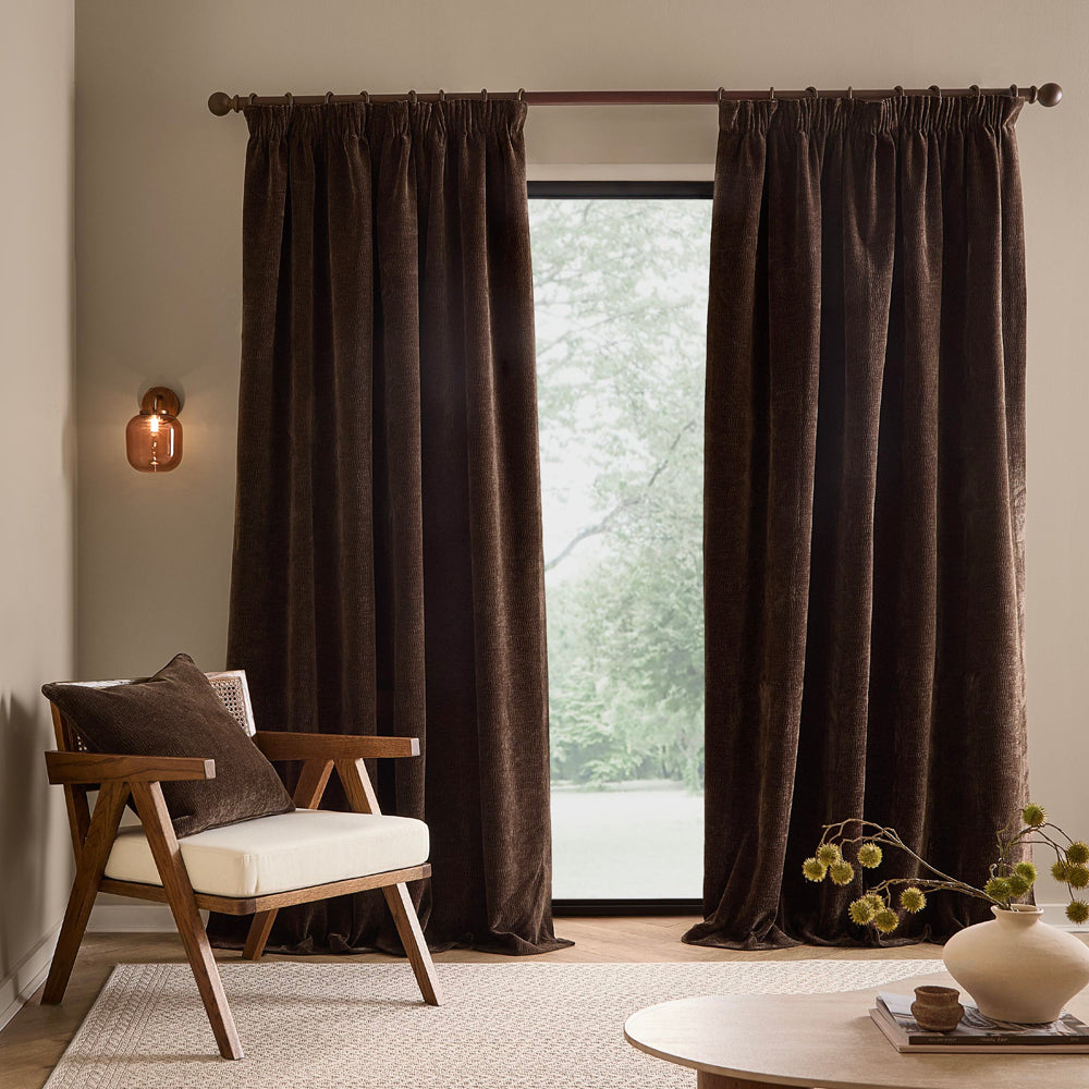Heath Washed Velvet Fully Lined Pencil Pleat Curtains Espresso Brown
