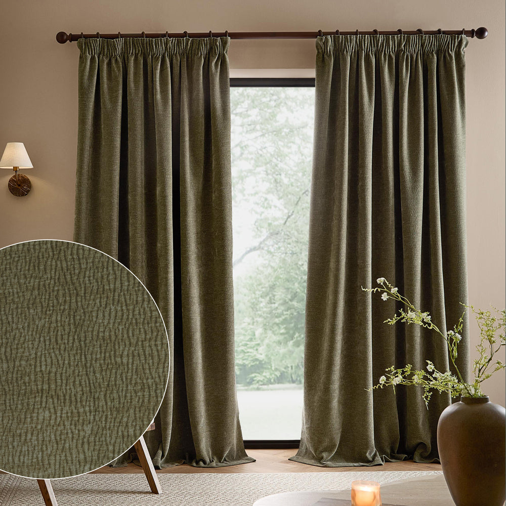 Plain Green Curtains - Heath Washed Velvet Fully Lined Pencil Pleat Curtains Eucalyptus Yard