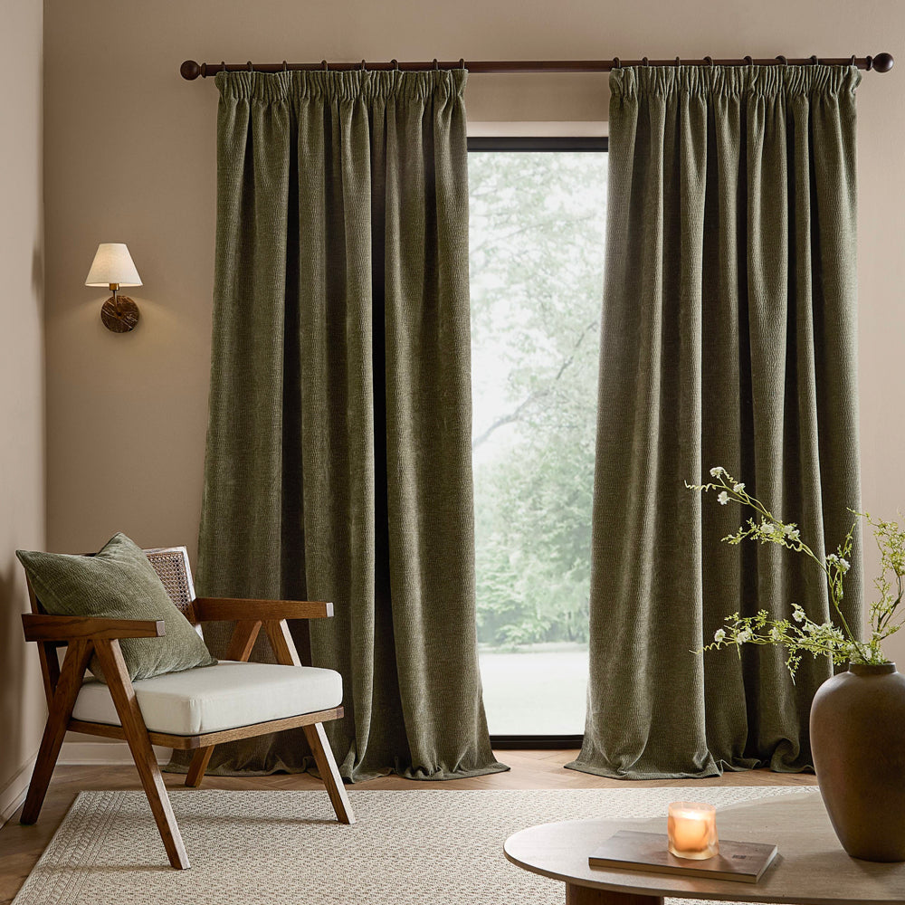 Heath Washed Velvet Fully Lined Pencil Pleat Curtains Eucalyptus
