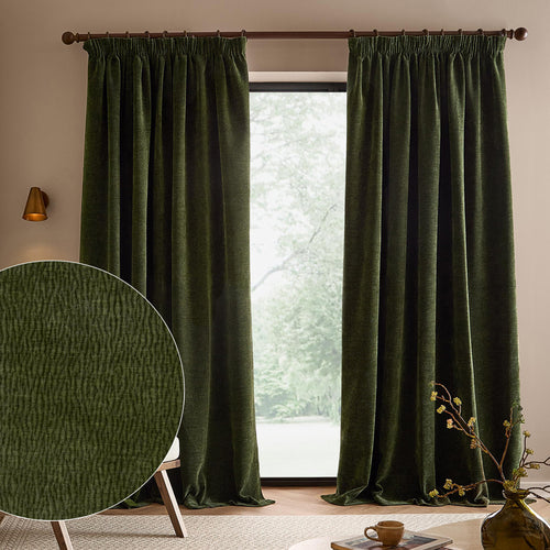 Heath Washed Velvet Fully Lined Pencil Pleat Curtains Olive