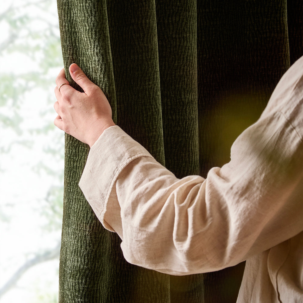 Heath Washed Velvet Fully Lined Pencil Pleat Curtains Olive