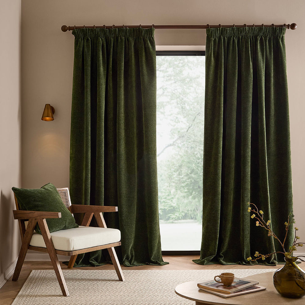 Heath Washed Velvet Fully Lined Pencil Pleat Curtains Olive