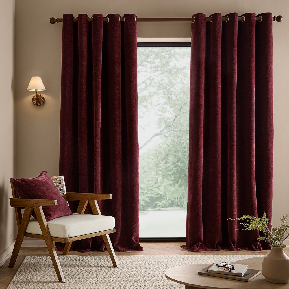 Heath Washed Velvet Fully Lined Eyelet Curtains Beetroot