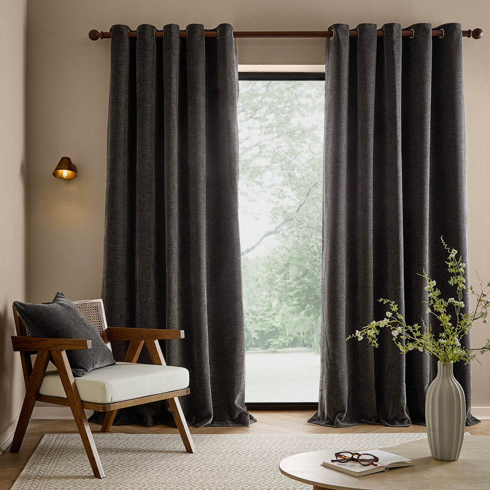 Heath Washed Velvet Fully Lined Eyelet Curtains Charcoal