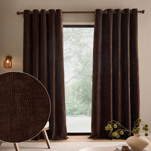 Heath Washed Velvet Fully Lined Eyelet Curtains Espresso Brown