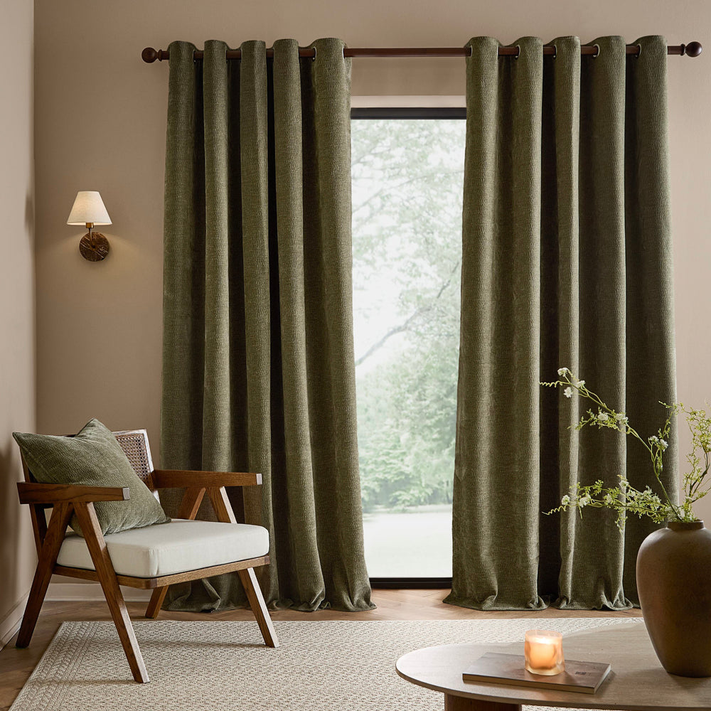 Heath Washed Velvet Fully Lined Eyelet Curtains Eucalyptus