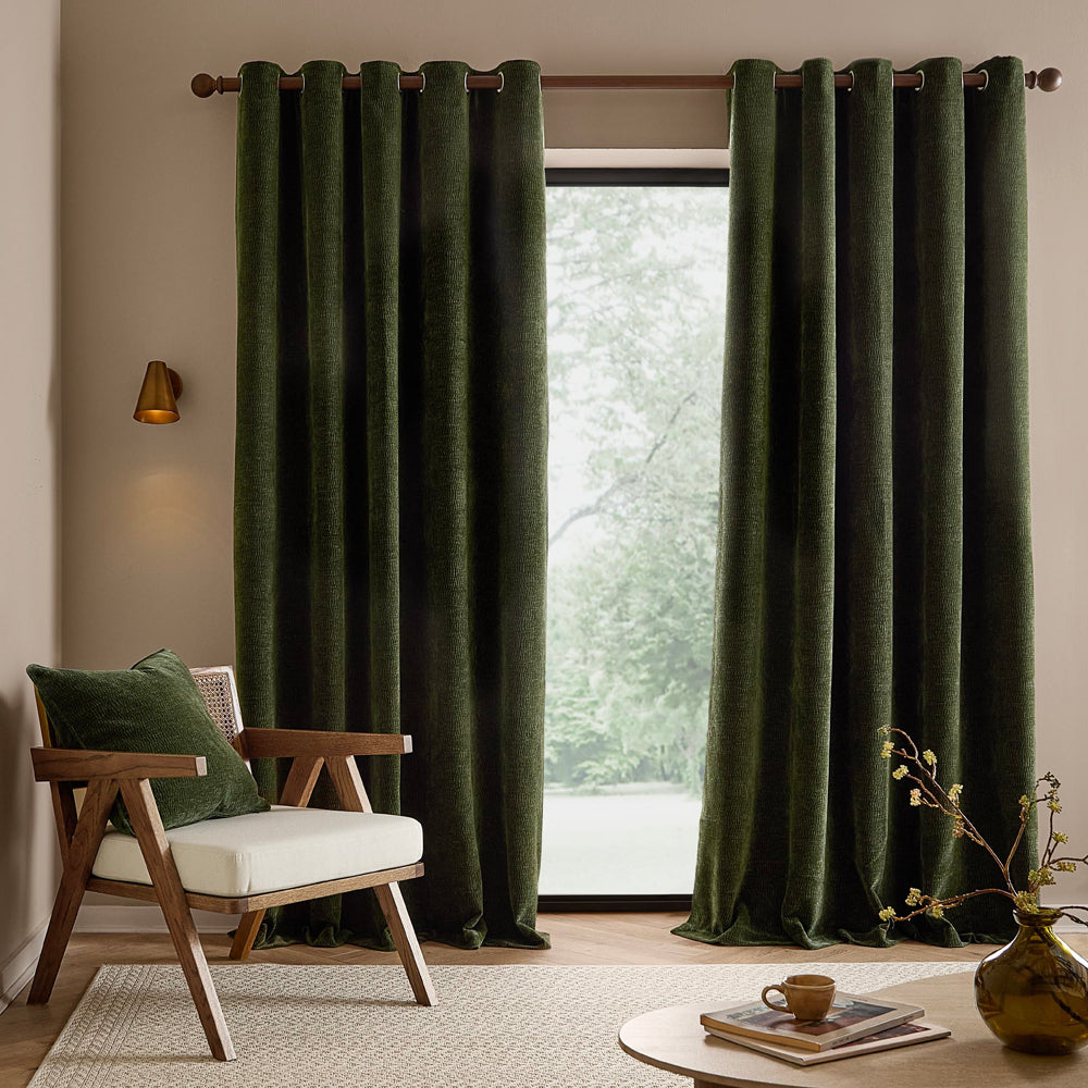 Heath Washed Velvet Fully Lined Eyelet Curtains Olive