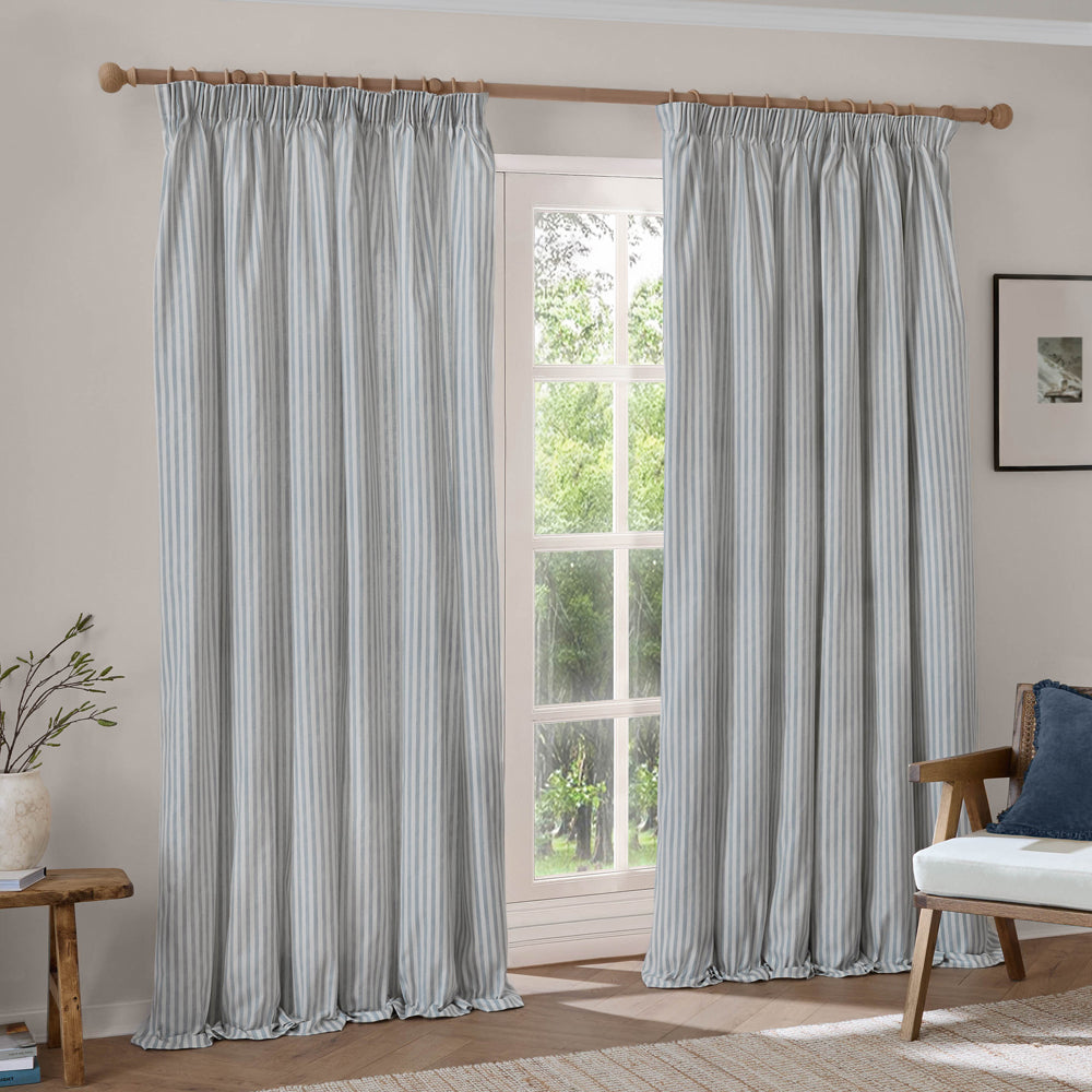 Striped Blue Curtains - Hebden 100% Cotton Blackout Pencil Pleat Curtains Mineral Blue Yard