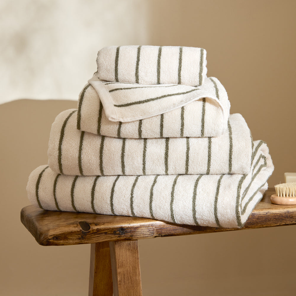 Striped Green Bathroom - Hebden Narrow Stripe 100% Cotton Towels Olive Yard