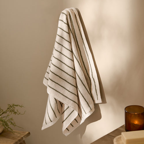 Striped Green Bathroom - Hebden Narrow Stripe 100% Cotton Towels Olive Yard