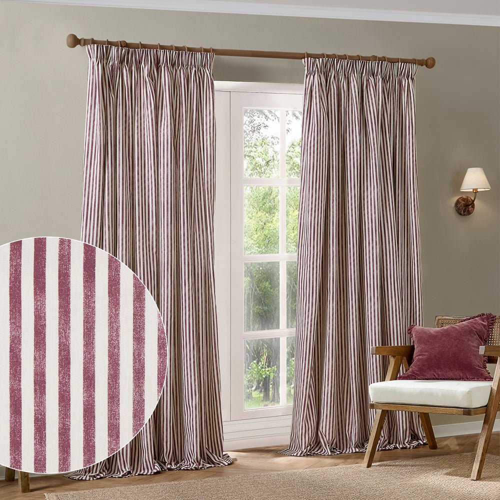 Hebden Striped 100% Cotton Lined Pencil Pleat Curtains Beetroot