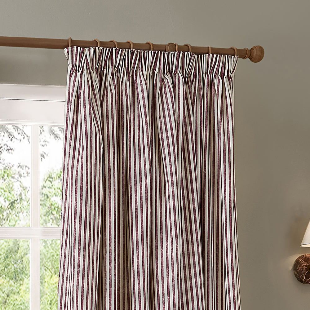 Hebden Striped 100% Cotton Lined Pencil Pleat Curtains Beetroot