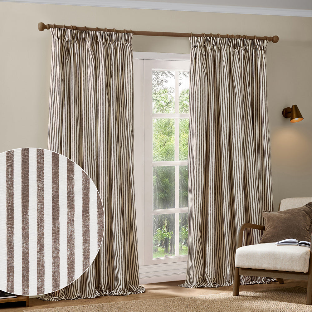 Hebden Striped 100% Cotton Lined Pencil Pleat Curtains Chocolate