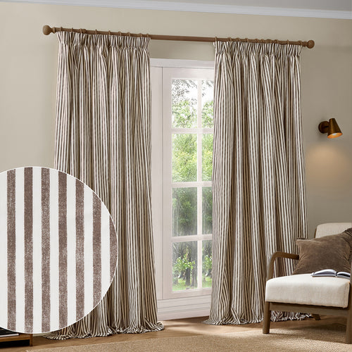 Hebden Striped 100% Cotton Lined Pencil Pleat Curtains Chocolate