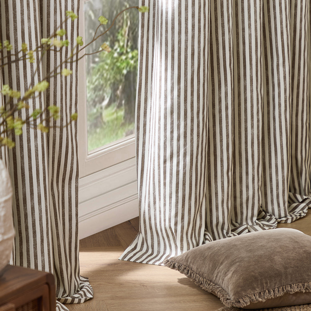 Hebden Striped 100% Cotton Lined Pencil Pleat Curtains Chocolate