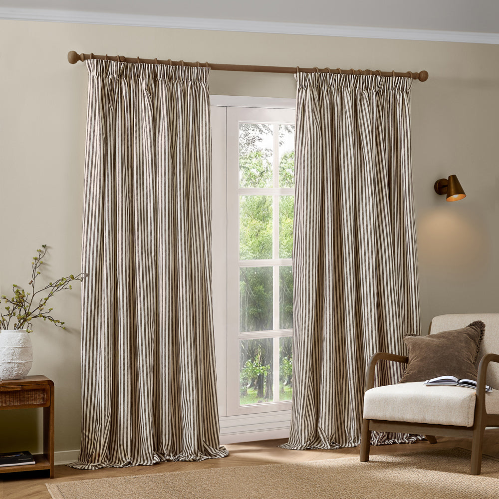 Hebden Striped 100% Cotton Lined Pencil Pleat Curtains Chocolate