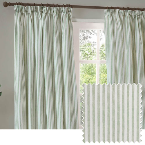 Hebden Striped 100% Cotton Lined Pencil Pleat Curtains Eucalyptus