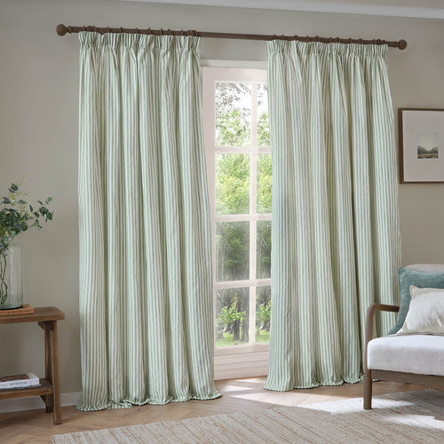 Hebden Striped 100% Cotton Lined Pencil Pleat Curtains Eucalyptus