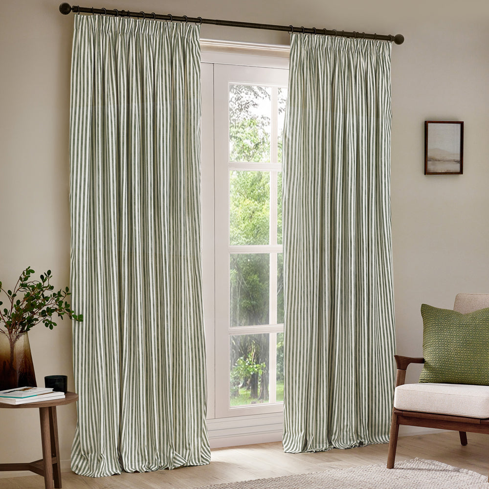 Striped Green Curtains - Hebden Striped 100% Cotton Lined Pencil Pleat Curtains Forest Green Yard